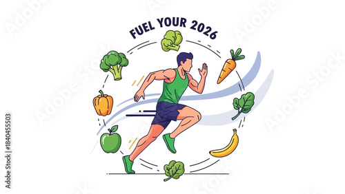 Running man with healthy food, representing fitness, balanced nutrition, and an active, vibrant lifestyle