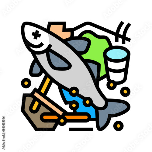 dead fish surrounded by plastic color icon vector illustration