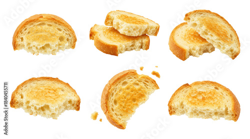 Six golden toasted baguette slices with crispy crusts and airy interiors, arranged with crumbs on a transparent background, perfect crostini or bruschetta bases