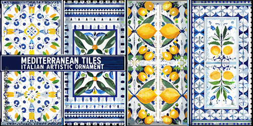 Detailed mediterranean tiles with citrus fruits and floral patterns in blue and yellow