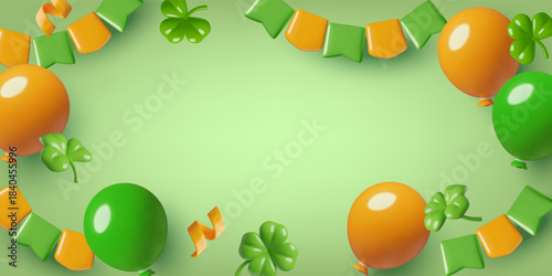 St. Patrick's Day background 3d with green and red balloons, party flag garland and clover leaves. Vector illustration.