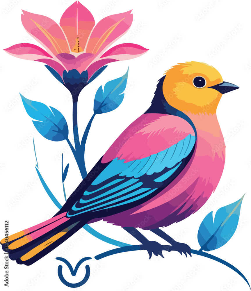 Fototapeta premium Colorful tropical bird perched on a branch in a cute vector illustration