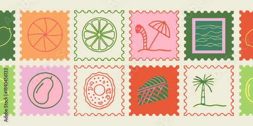 Colorful summer themed postage stamps with fruit beach and tropical designs