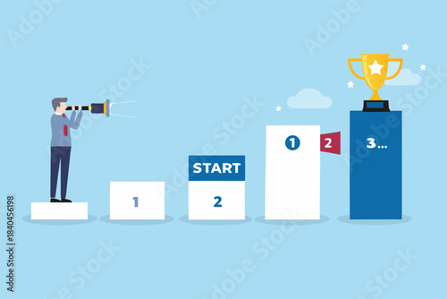 A man announces success from a starting point towards a golden trophy