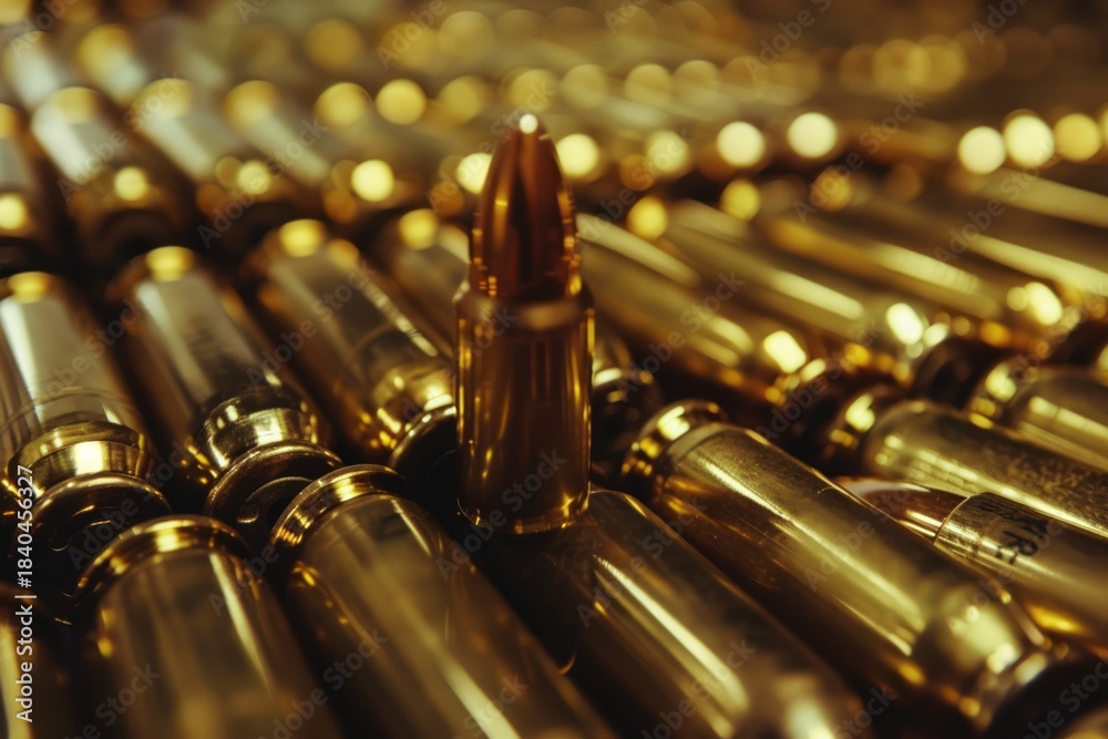 Obraz premium Big amount of pistol and rifle new bullets in pile. Neural network ai generated art