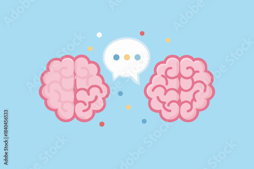 Two human brains communicating with a speech bubble on a light blue backdrop