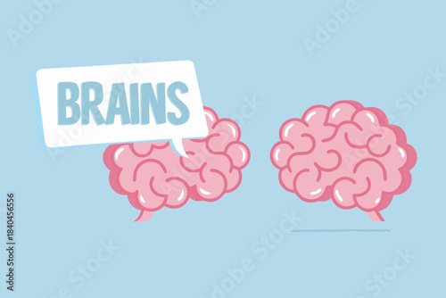 Two pink brains with a speech bubble saying brains on a light blue background