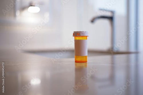 Macro view of a prescription pill bottle on a bathroom counter near a faucet