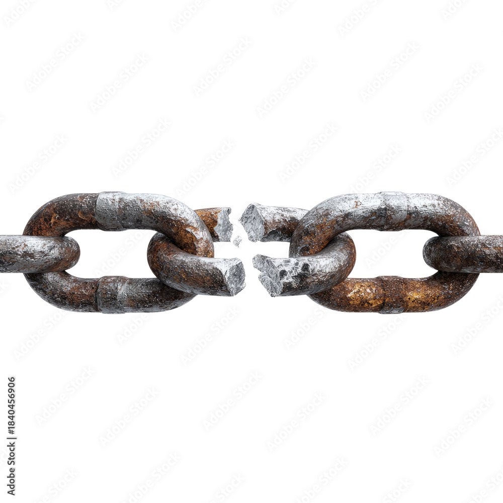 Obraz premium Broken Rusty Metal Chain Link Isolated on Black Background