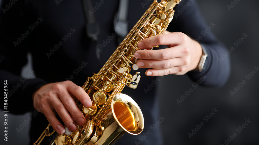 Fototapeta premium Player masterfully manipulates keys of gleaming golden saxophone, creating beautiful music. Skilled hands demonstrate precision on intricate instrument.