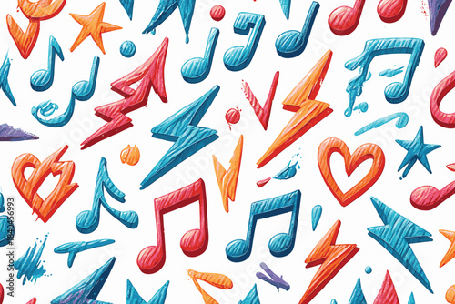 Vibrant abstract musical notes and symbols with energetic colors and playful shapes on a textured background