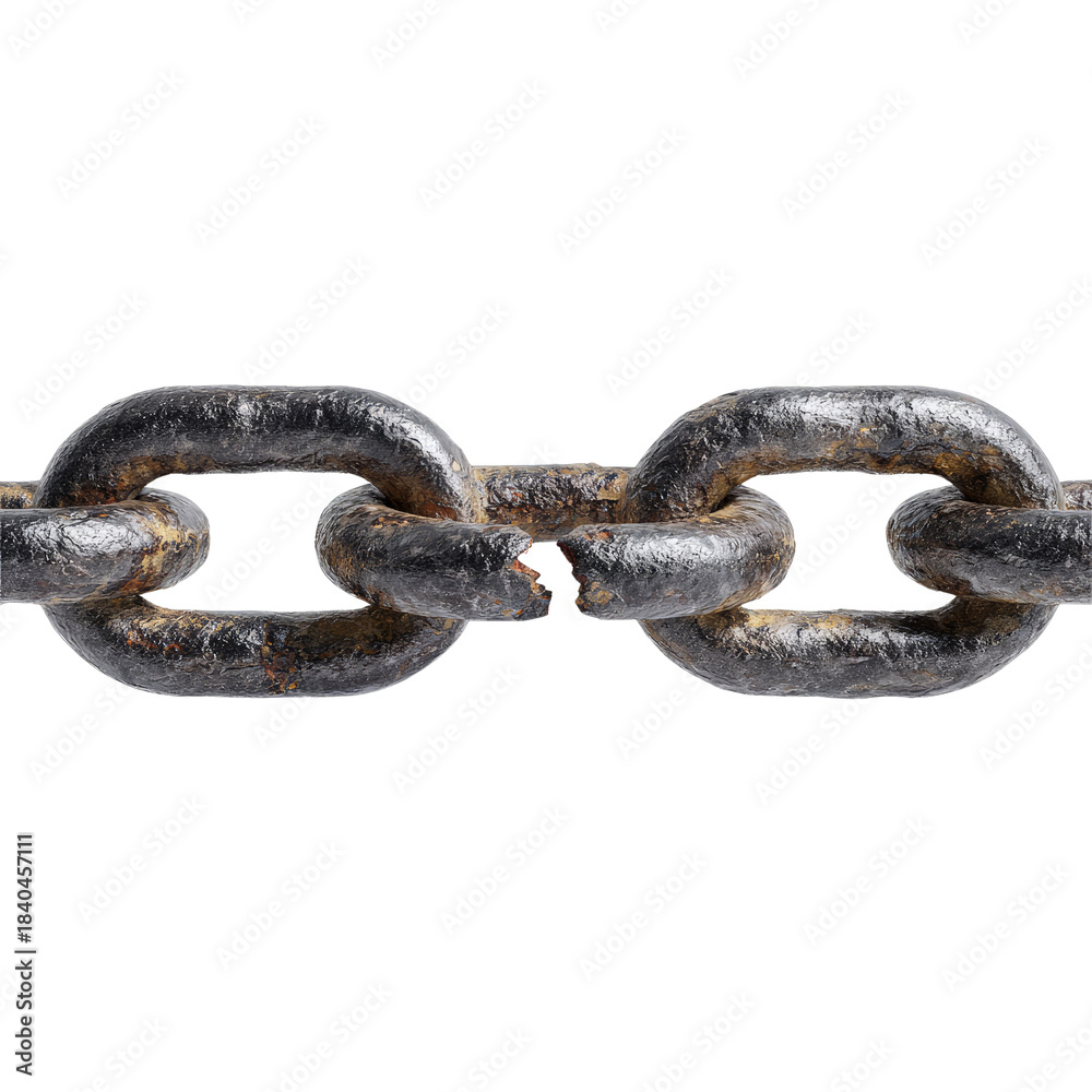 Fototapeta premium Broken Rusty Metal Chain Links Isolated on Black Background