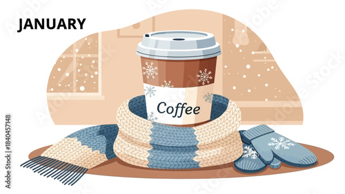 A disposable coffee cup wrapped in a warm knitted scarf with mittens, set against a snowy January window scene.