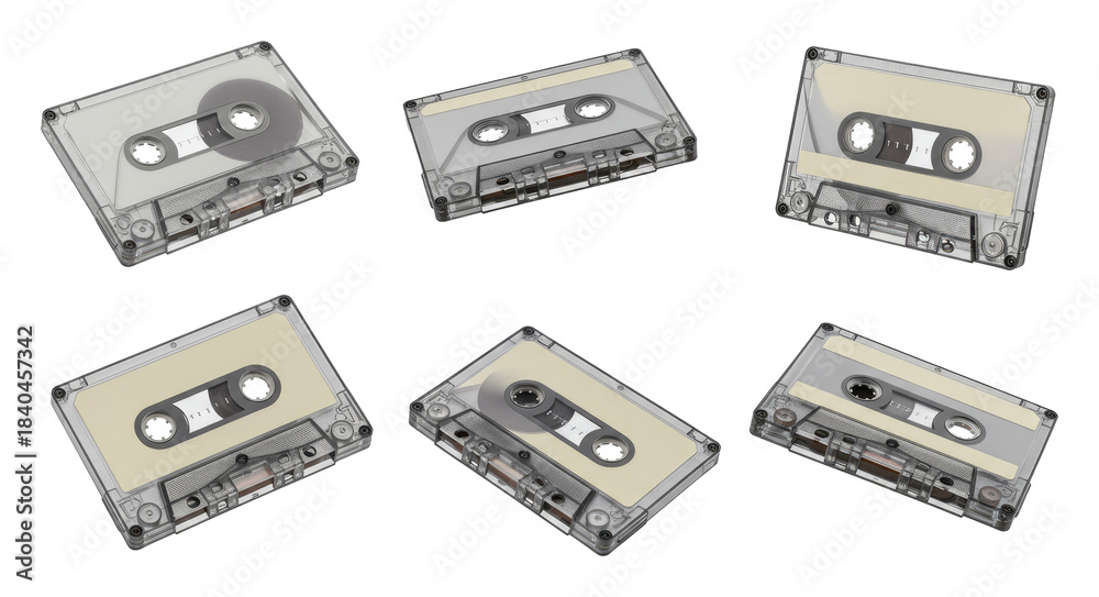 Obraz premium Six transparent compact cassette tapes with beige labels arranged on transparent background, retro analog audio media with visible reels and magnetic tape, vintage music storage objects