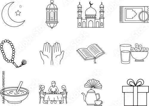 Islamic and Ramadan Line Art Icons Set