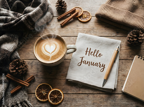 Cozy January flat lay with coffee, winter elements and rustic decor