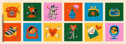 A vibrant and trendy set of doodle illustrations celebrating retro beauty and women's self-care. This quirky art features vintage accessories, makeup, and playful icons.