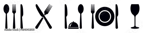 Clean black tableware and cutlery silhouette icons, including spoon, fork, knife, plate, dish cover, and wine glass. Perfect for dining, restaurant, meal, and food service themes.