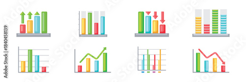 Collection of colorful bar charts for data analytics, performance comparison, and business reporting.