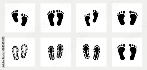 Footprint icon set featuring solid and dotted foot shapes, created for clean UI, signage, labels, and digital design. Includes bold foot symbols with simple details for versatile creative use.