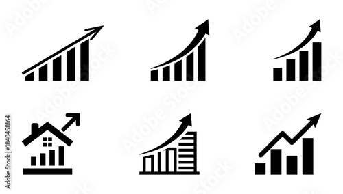 Set of growth chart icons showing rising bars, upward trend lines, and business analytics symbols. Includes finance, profit, and market rise elements for data, reports, dashboards, and performance