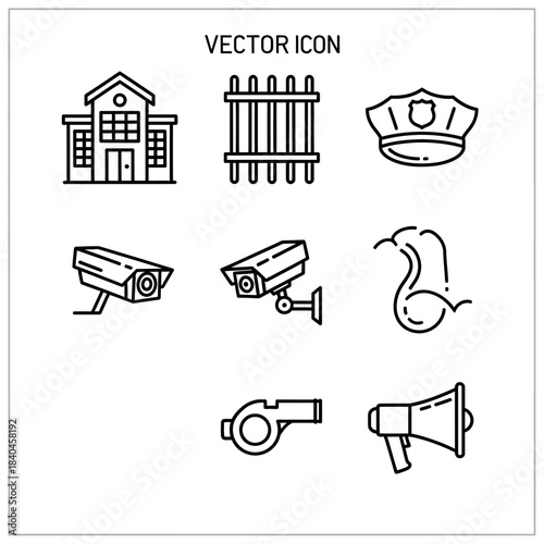 Police and Security Icons Set with Building, Fence, Cap, CCTV, Whistle, and Megaphone.