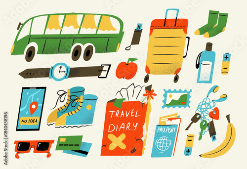 A charming and naive vector illustration set featuring essential travel items. Perfect for children's books, travel blogs, and family vacation planning