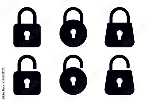 Clean bold padlock icons set showing secure and open lock symbols for privacy, password, login, data protection, and access control themes, designed for digital security use.