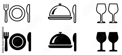 Set of restaurant dining icons featuring plate, fork, knife, cloche and wine glasses in outline and solid styles. Clean food, meal, dinner, drink and service symbols for menus and hospitality use.
