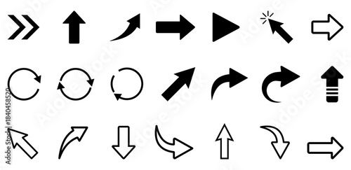 Arrow directions icon set with multiple navigation arrow styles, Arrow symbol collection with direction, rotation, curved and navigation icons in clean vector style, arrow, arrows, direction, rotate