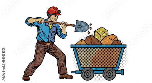 Miner using shovel to load ore into cart with colorful rocks  