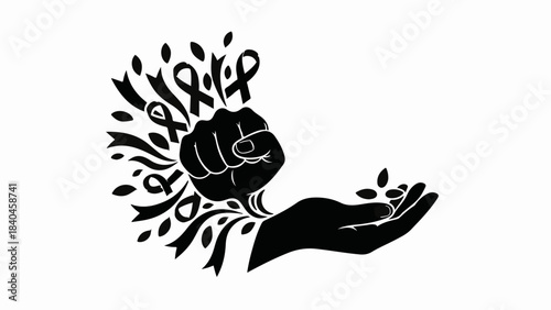 Powerful fist rising with ribbons of hope, offering support and solidarity to an open palm.