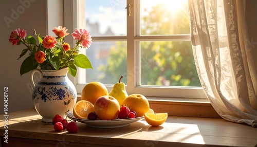 Wallpaper Mural Still Life with Fruit and Flowers by a Sunny Window. Torontodigital.ca