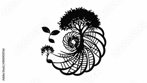 Symbolic representation of organic growth and natural cycles, from a seedling to a mature tree within a spiral.