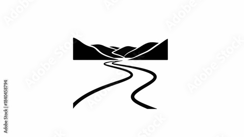 Stylized winding river flowing through rolling hills under a clear sky, a simple graphic design.