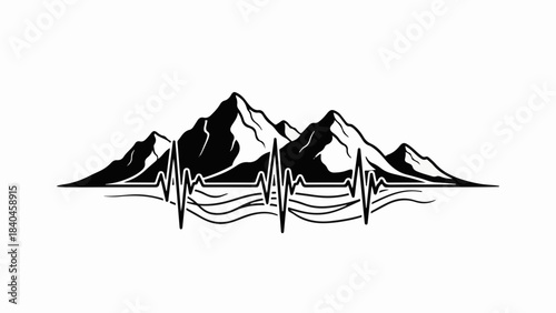 Mountain silhouette pulsing with a heartbeat line, symbolizing adventure and life