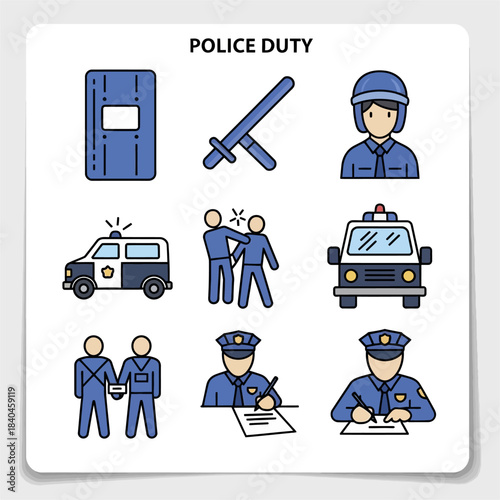 Police Duty and Law Enforcement Icon Set Collection.
