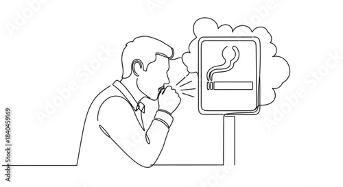 Man coughing while looking at no smoking sign in simple line art  