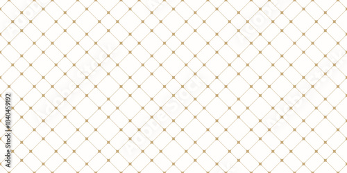 Subtle minimalist vector seamless pattern with thin lines, nodes. Gold and white abstract lattice, grid, mesh, net. Luxury golden minimal background texture. Simple repeat design for decor, wallpaper