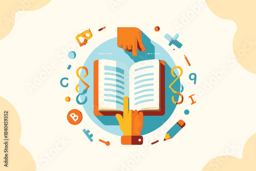 Open book with hands holding pages surrounded by alphabet letters and school supplies symbolizing education and learning
