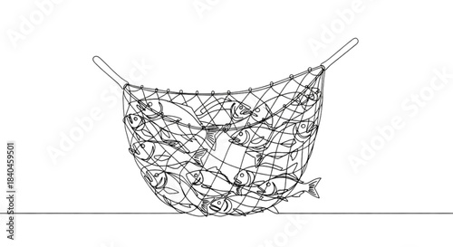 Fishing net filled with various fresh fish on white background  