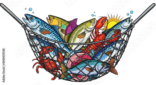 Fishing net filled with various seafood and colorful marine life  