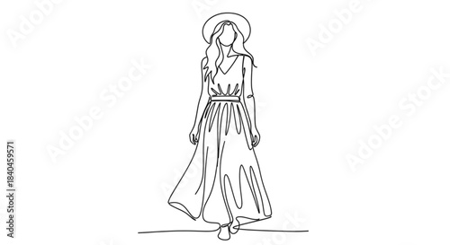 Woman walking in flowy boho dress and hat on minimalist background  