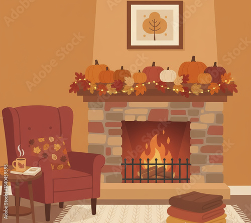Embracing the tranquility of autumn within a cozy living room, featuring a crackling fireplace adorned with festive seasonal decor, perfect for a relaxing and warm evening