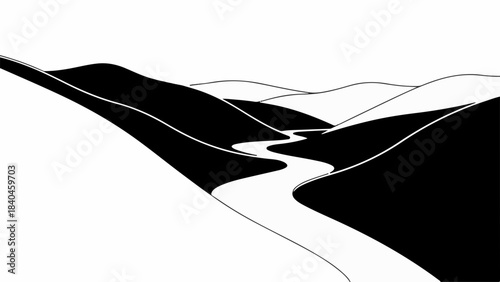 Serene landscape with a winding river flowing through rolling hills under a bright sky.