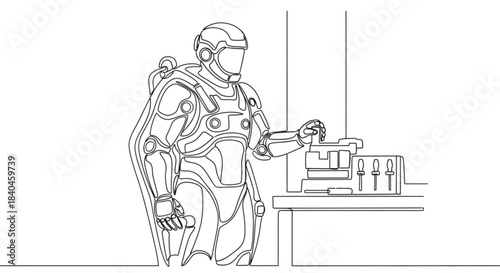 Engineer wearing exosuit working in workshop with tools  