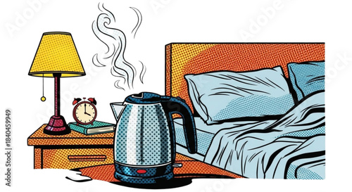 Electric kettle steaming on bedside table near unmade bed  