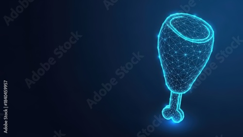 Abstract digital illustration of a glowing blue wireframe chicken leg against a dark background