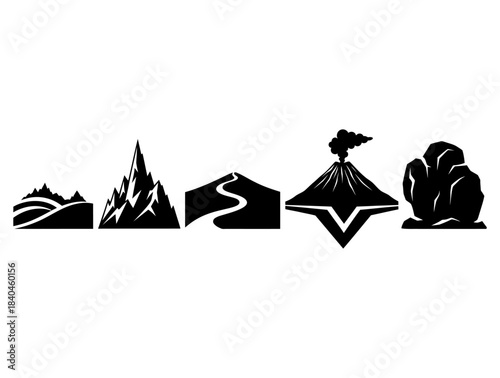 Diverse mountain range silhouettes and volcano icon collection for design projects