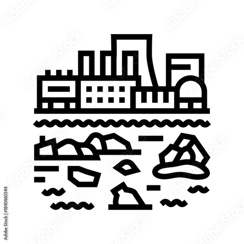 factory dumping plastic waste into water line icon vector illustration